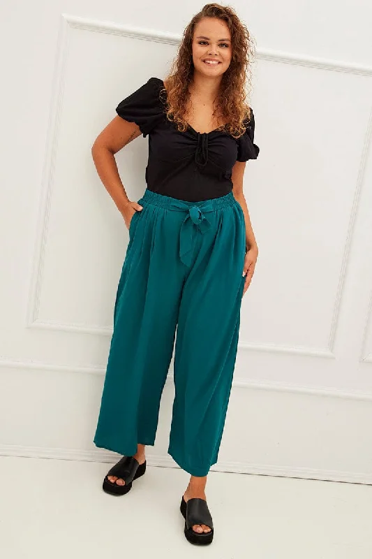 Green High Waist Wide Leg Crepe Pants Wide-Legged Palazzos