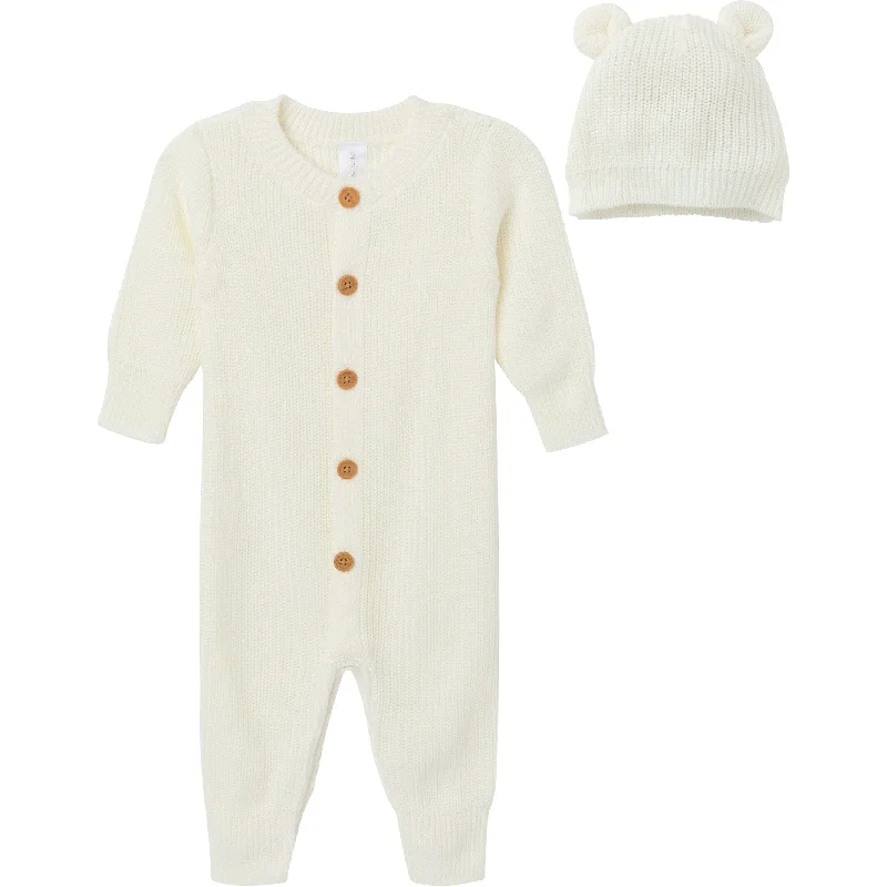 2-Piece Baby Neutral Ivory Sweater Romper & Hat Set Chenille Brocade Lace