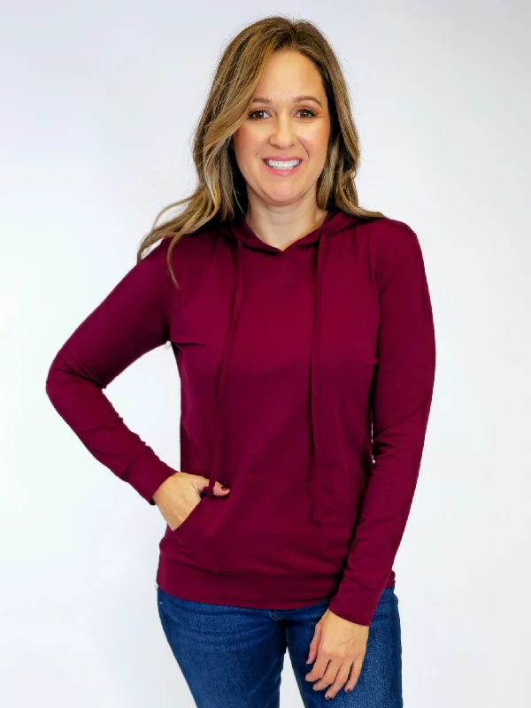 COTTON JERSEY HOODIE - BURGUNDY Hoodie with V-Neck Classic Versatile
