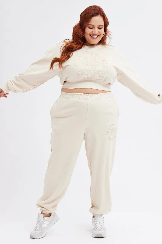 Beige Track Pants High Rise Jogger Trendy Printed Leggings