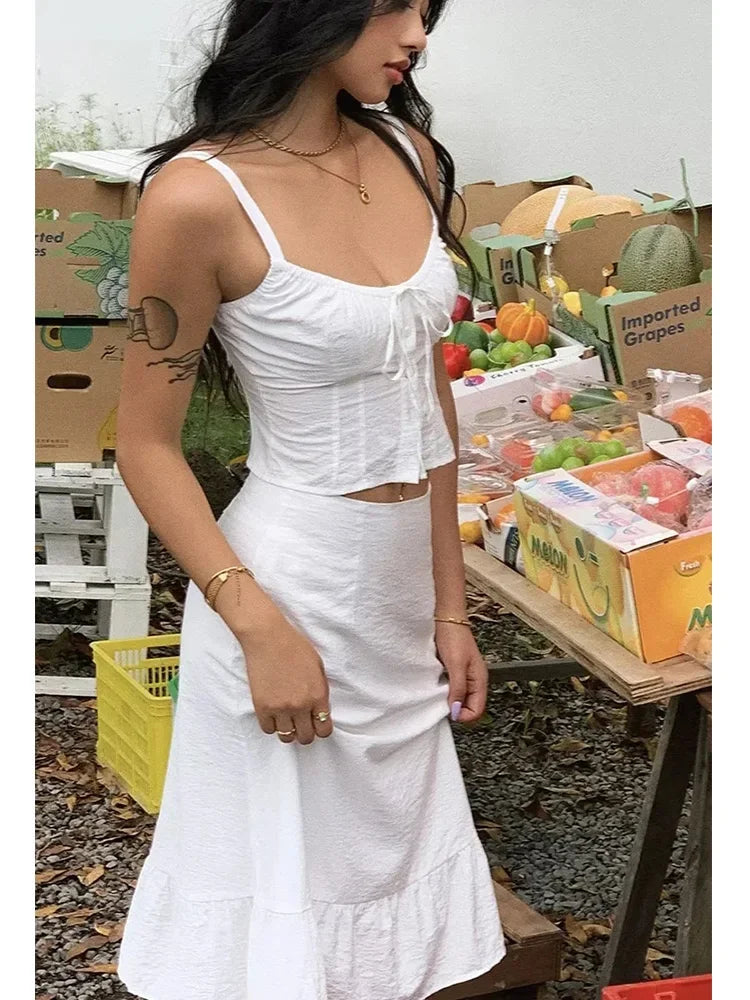 Advbridge Lace Up White 2 Pcs Outfit Women Summer Dress Set 2024 New Beach Cotton Skirt Matching Set Midi Vestido Chic Sundress linen skirt airy Advbridge Lace Up White 2 Pcs Outfit Women Summer Dress Set 2024 New Beach Cotton Skirt Matching Set Midi Vestido Chic Sundress linen skirt airy