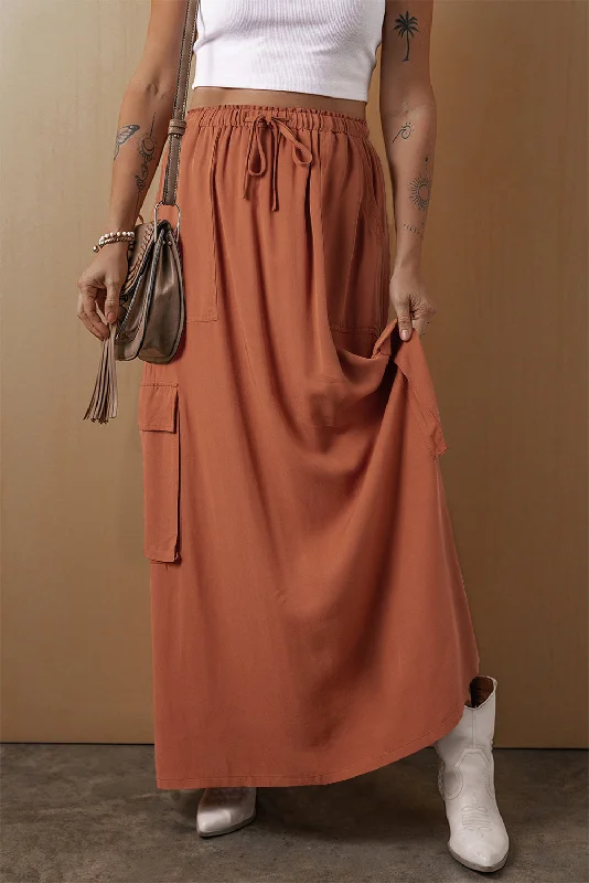KaleaBoutique Mineral Wash Cargo Pocket Drawstring Waist Maxi Skirt cotton skirt soft