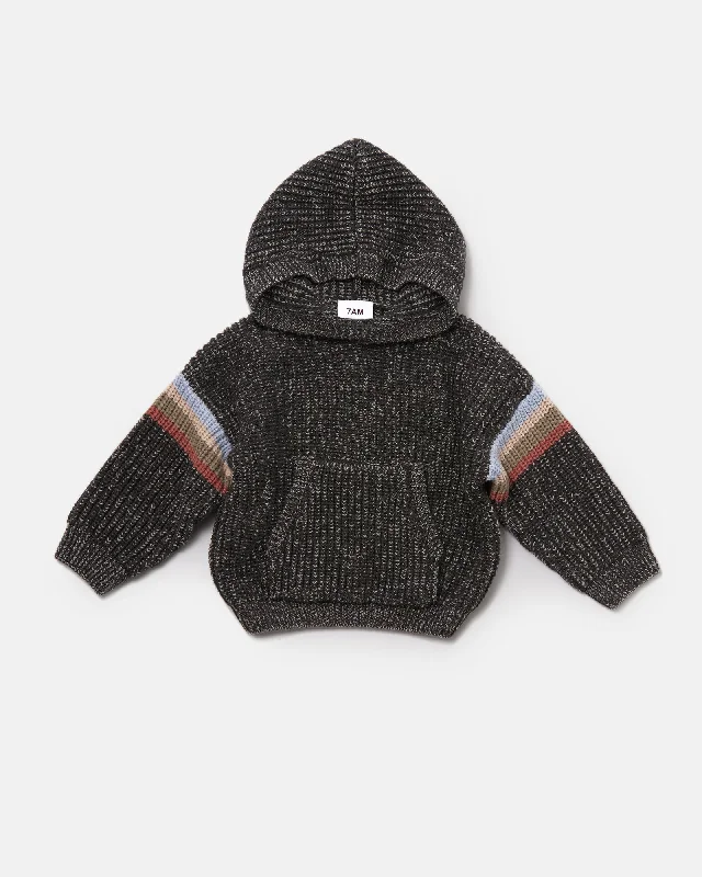 7 A.M. Enfant Chunky Hooded Boxy Sweater - Black Melange Cotton Fabric Linen Fabric Terry Fabric
