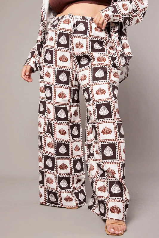 Brown Abstract Wide Leg Pants High Rise Soft Cotton Pants