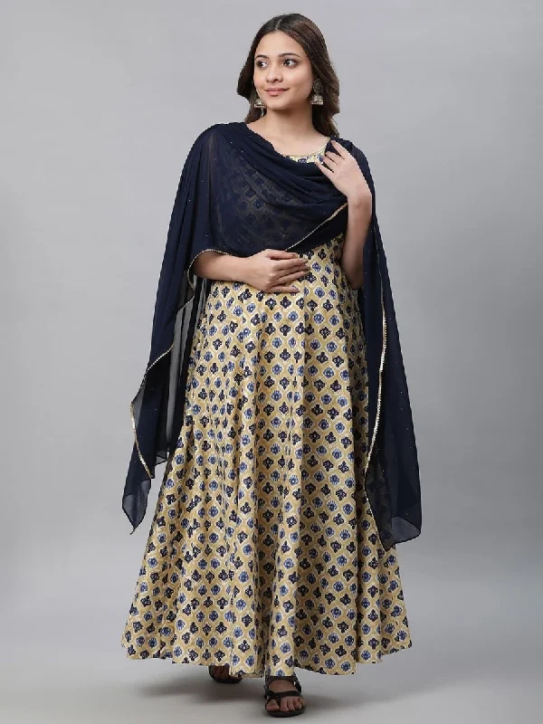 AURELIA Ethnic Motifs Printed A-line Maxi Ethnic Dress With Attached Dupatta