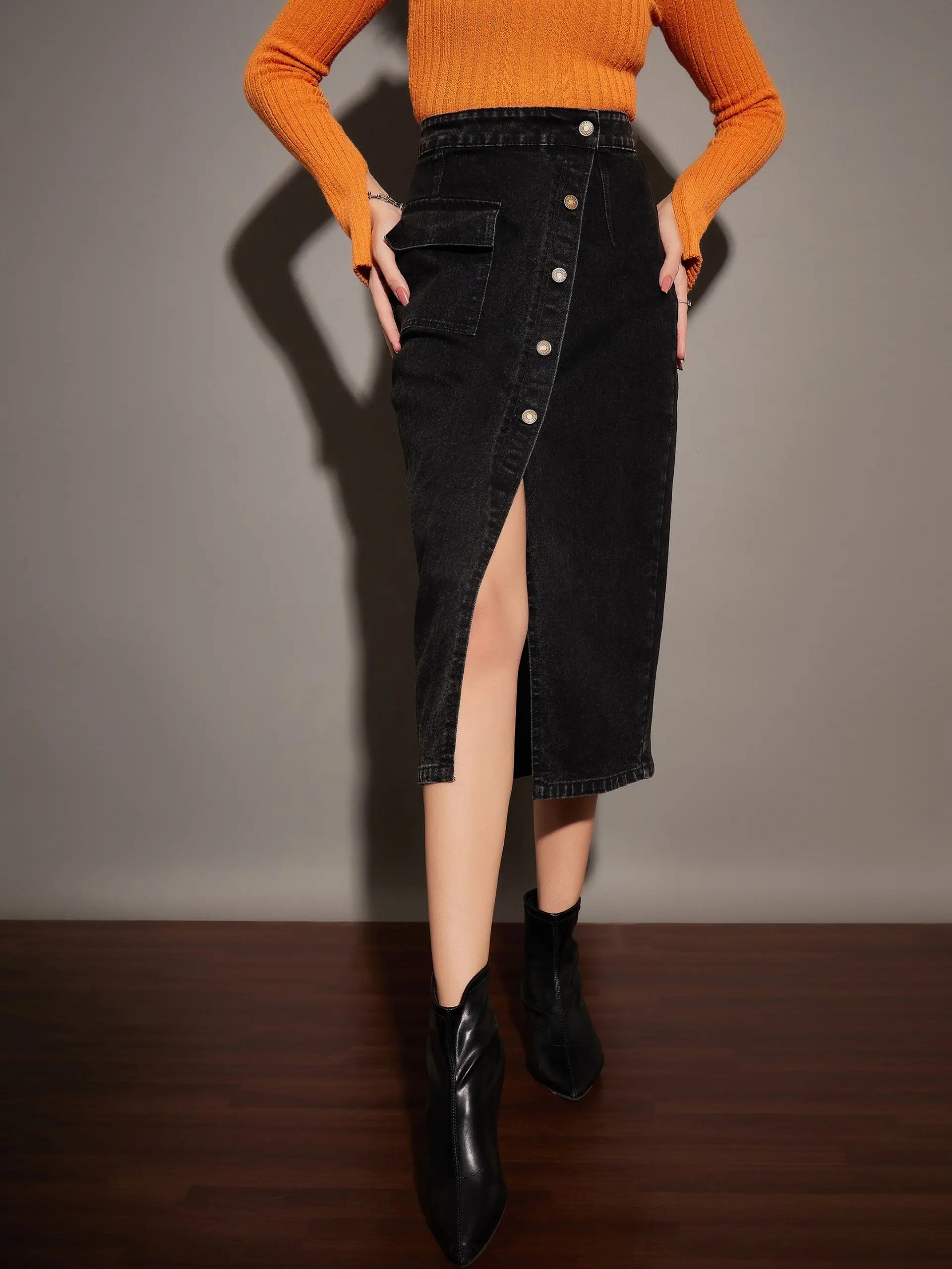 Women Black Washed Front Button Wrap Skirt wool skirt sturdy