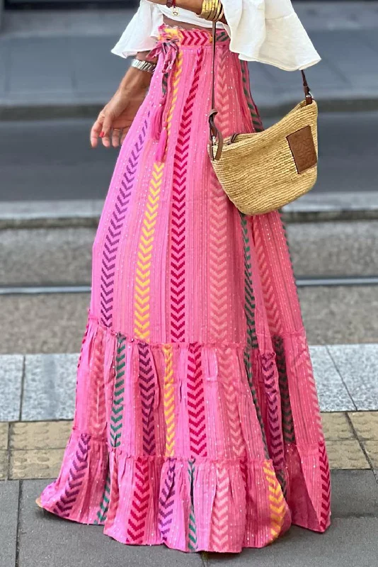 KaleaBoutique Boho Printed Tasseled Drawstring Ruffled Maxi Skirt breathable skirt fabric