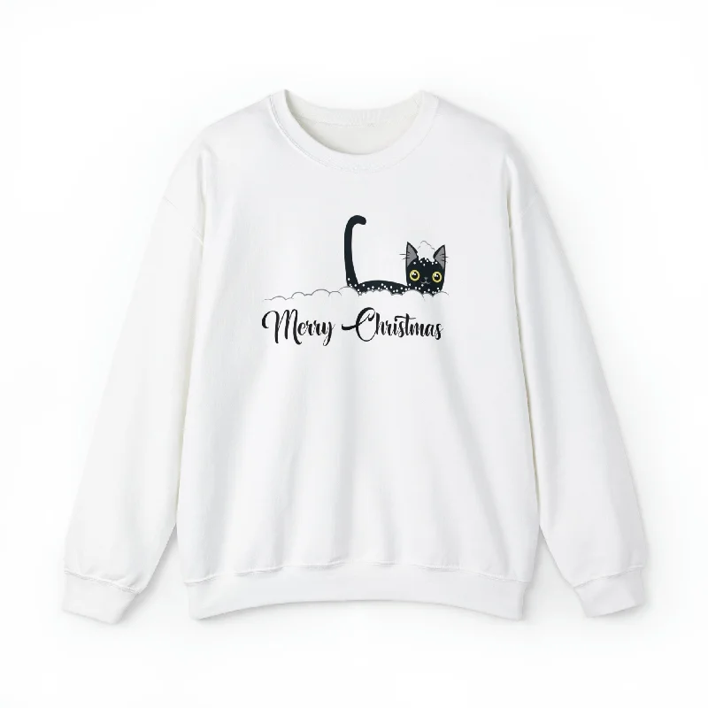 Snowy Christmas Cat Unisex Crewneck Sweatshirt Hoodie with Raw Hem Edgy Unfinished