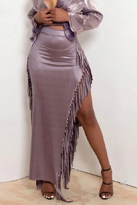 storexq Solid Color Hot Side Tassel High Split Skirt summer skirt style