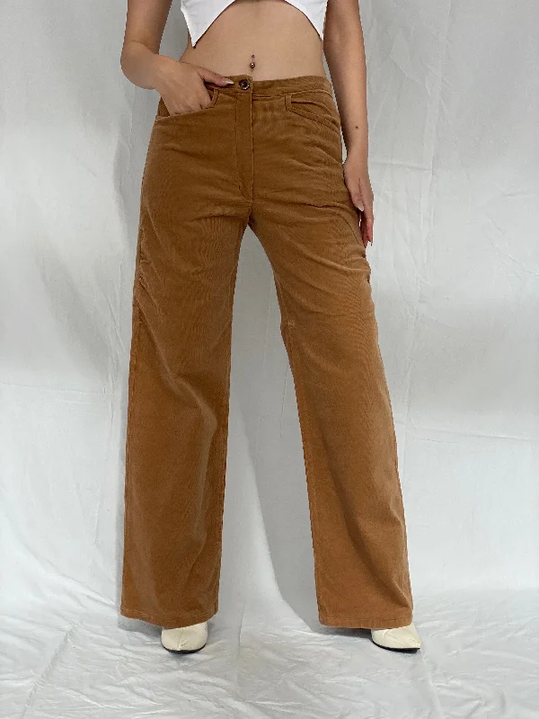 Vintage Handmade Wide-Leg Brown Mid-Rise Corduroy Pants - 38EUR Trendy Work Pants