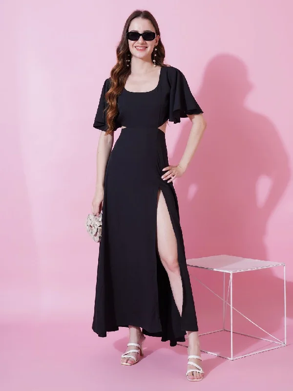 Jyoti Fashion Women's Black Crepe Waist Cut Flared Western Dress