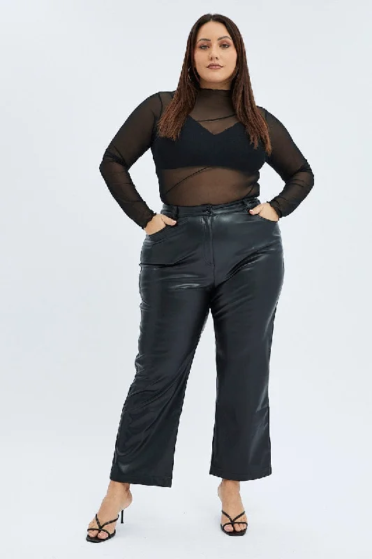 Black Jean Style Pant Faux Leather Cozy Knit Pants