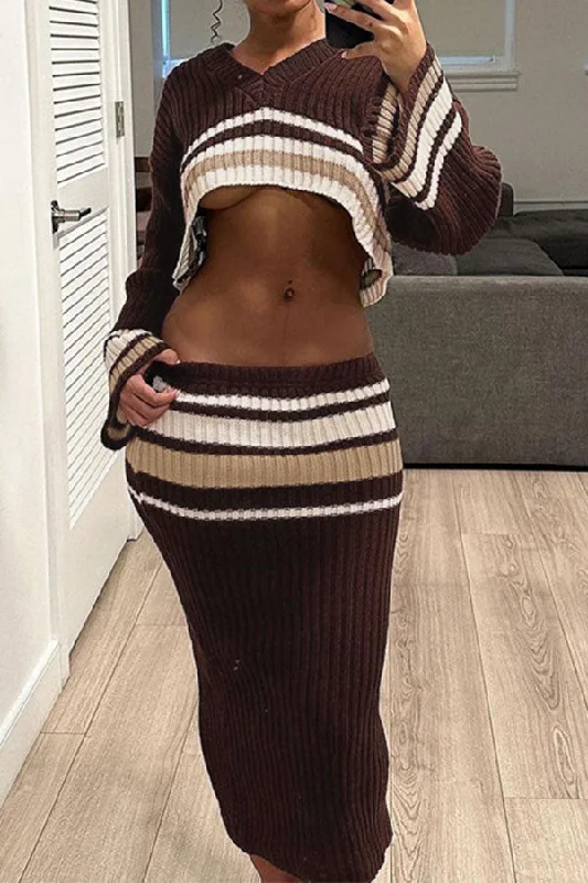 storexq Striped Patchwork Urban Knitted Skirt Suit wool skirt warm
