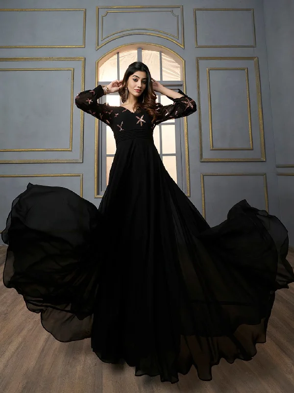 Inddus Floral Embroidered Sequinned Georgette Fit & Flare Maxi Ethnic Dress