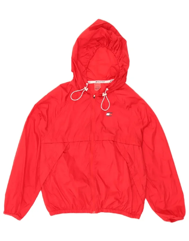 TOMMY HILFIGER Womens Graphic Hooded Rain Jacket UK 10 Small Red Polyamide Denim Jacket Leather Jacket Suede Jacket