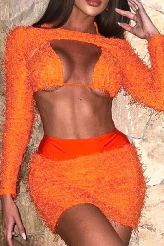 storexq Solid Color Feather Hot Skirt Suit (Three Pieces) casual skirt length