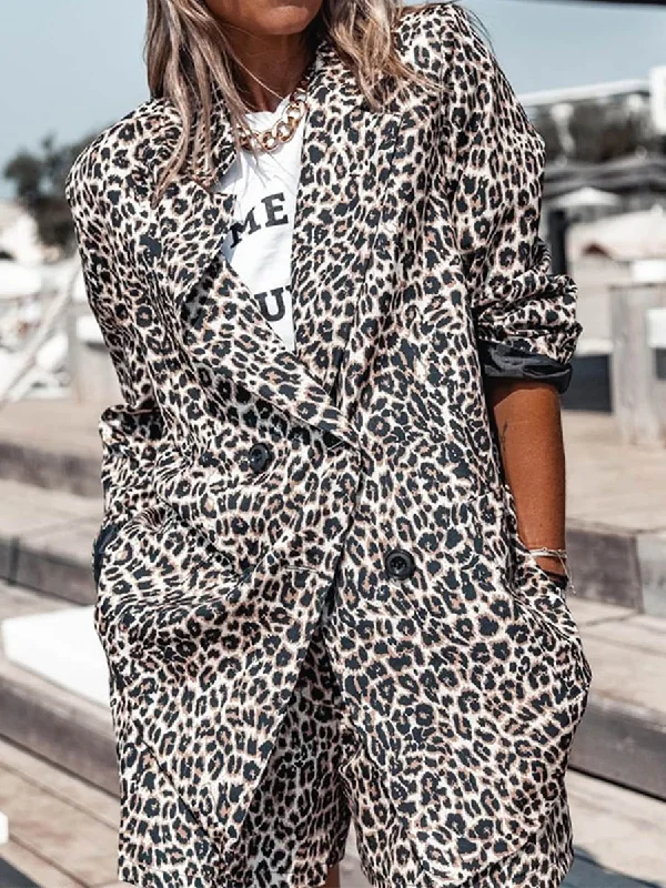 Fashion Leopard Print Jacket and Shorts Two-piece Sets Mesh Jacket Canvas Jacket Denim Jacket