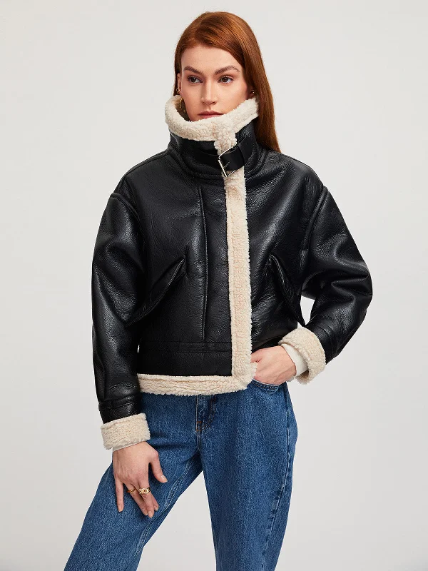 Sherpa Lined Shearling Leather Aviator Jacket Knit Fabric Woven Fabric Fleece Fabric