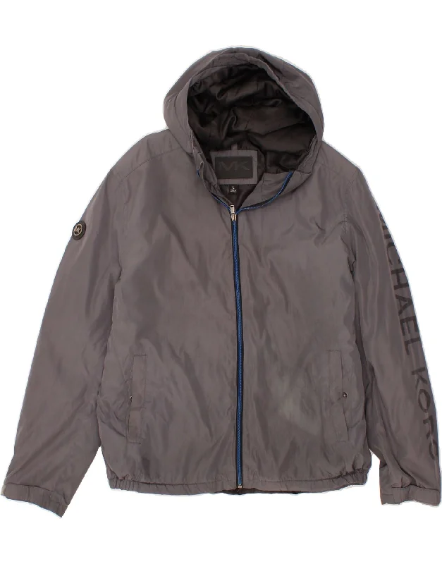 MICHAEL KORS Womens Oversized Graphic Hooded Rain Jacket UK 16 Large Grey Embroidered Jacket Appliqued Jacket Beaded Jacket
