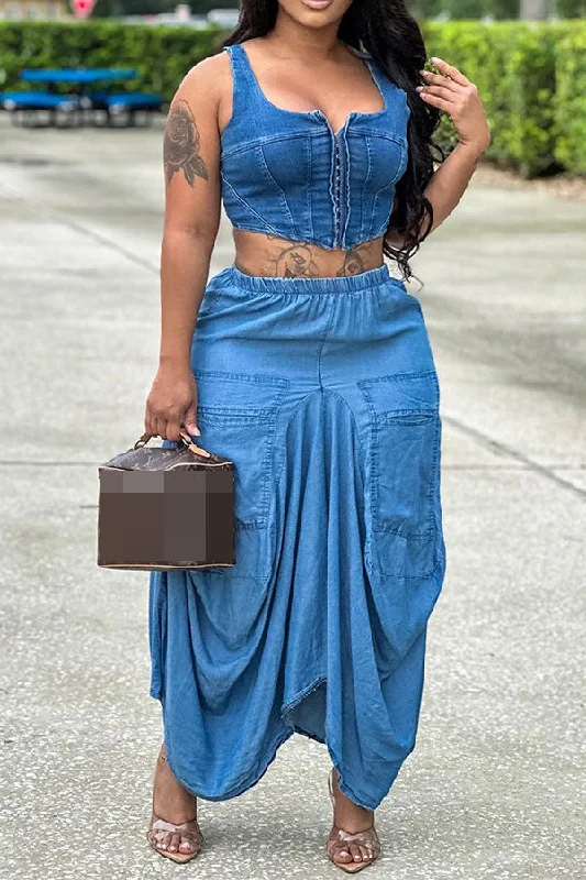 storexq Solid Color On-trend Patch Pocket Irregular Skirt ribbed skirt waist