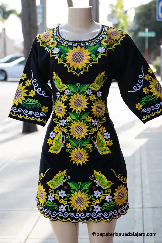 ARTESIAN EMBROIDERED SUNFLOWER DRESS MAYA BLACK
