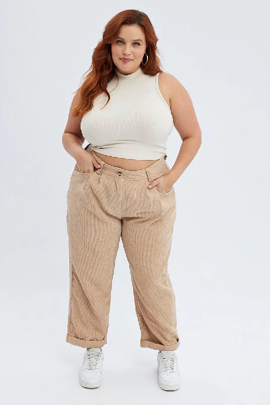 Camel Corduroy Pants Tapered Pleat Front Elegant Silk Pants