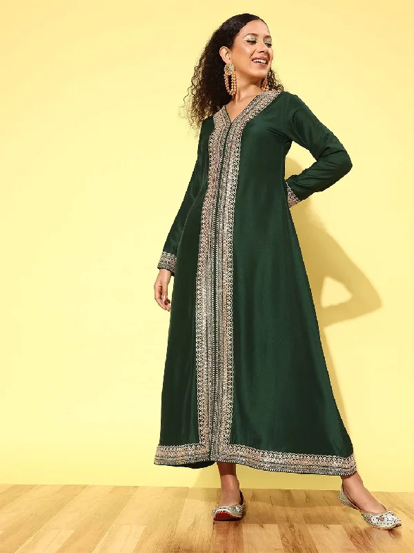 Inddus Women Floral Embroidered Sequined A-Line Ethnic Dress