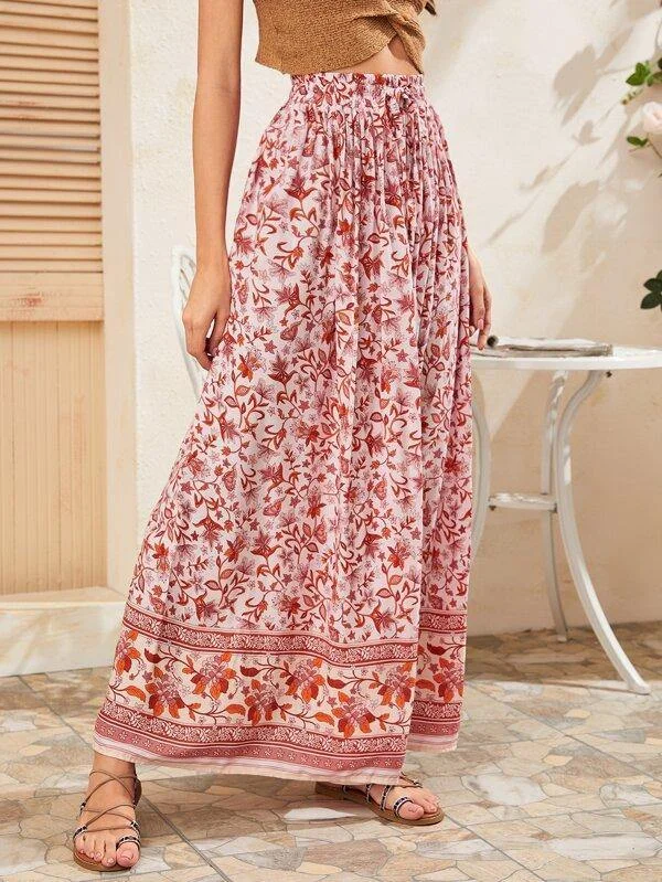 Floral Print Drawstring Waist Maxi Skirt corduroy skirt durable