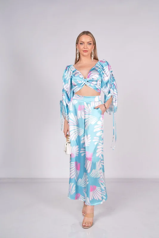 Printed Satin Top and Pants Set Comfy Zip-Up Pants