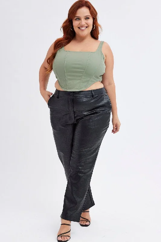 Black Wideleg Pants Faux Leather Croc High Waist Comfortable Denim Trousers