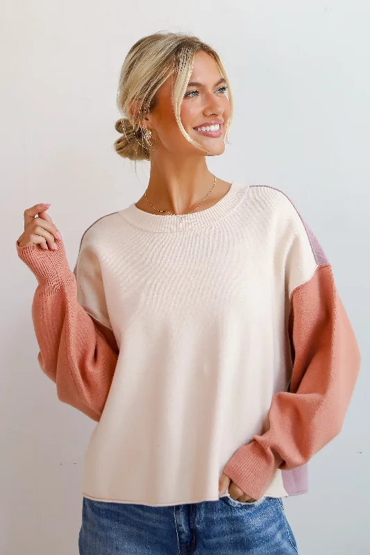 Complete Sophisticate Cream Color Block Sweater Casual Formal Business