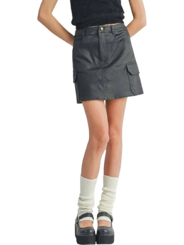 Girl On Fire Faux Leather Mini Skirt In Black button skirt front