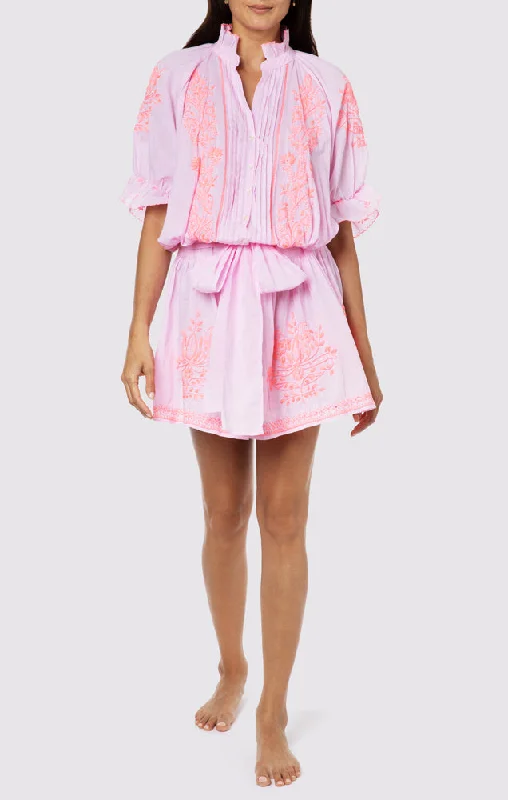 Blouson Dress With Contrast Lotus Embroidery With Slip Lilac/Pale Pink