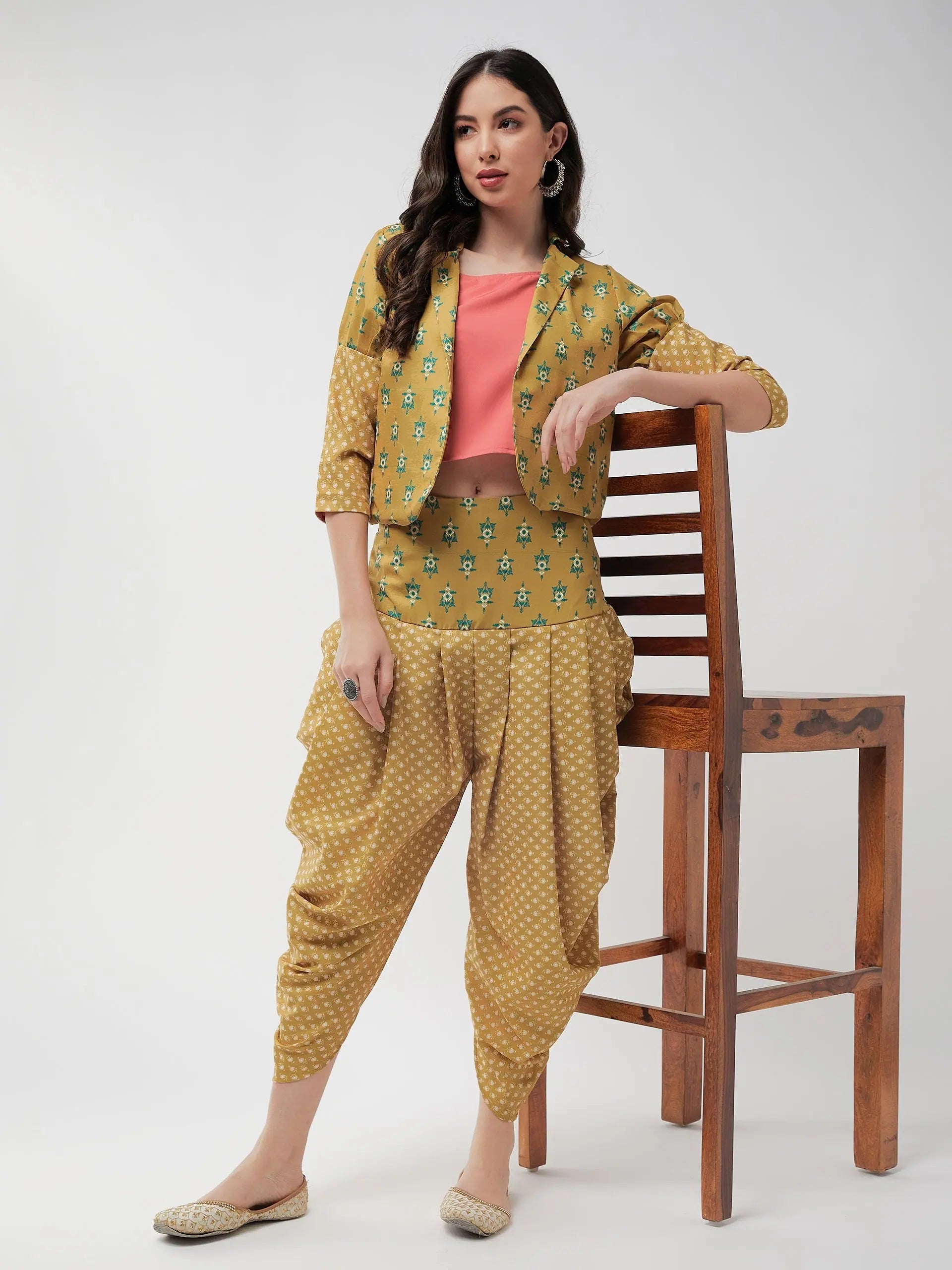 Jaipur Haat Leg 'O' Mutton Sleeves Jacket With Top And Dhoti Pant-PKC10104GRN-S Collared Jacket Crew Neck Jacket Turtle Neck Jacket