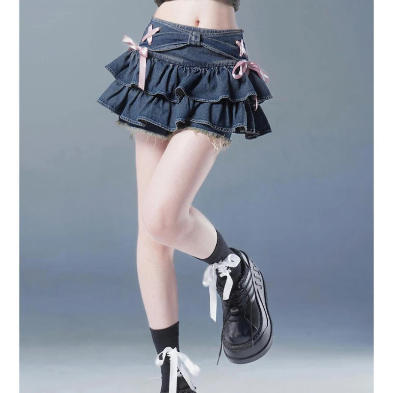 Advbridge Korean Sweet Denim Mini Skirt Women Ruffle Kawaii Bow Coquette Skirt Vintage Summer Cutecore Black A-line Short Skirts cashmere skirt soft Advbridge Korean Sweet Denim Mini Skirt Women Ruffle Kawaii Bow Coquette Skirt Vintage Summer Cutecore Black A-line Short Skirts cashmere skirt soft