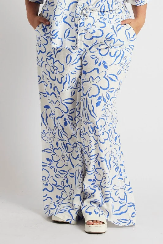 Blue Abstract Wide Leg Pants High Rise Chic Black Leggings