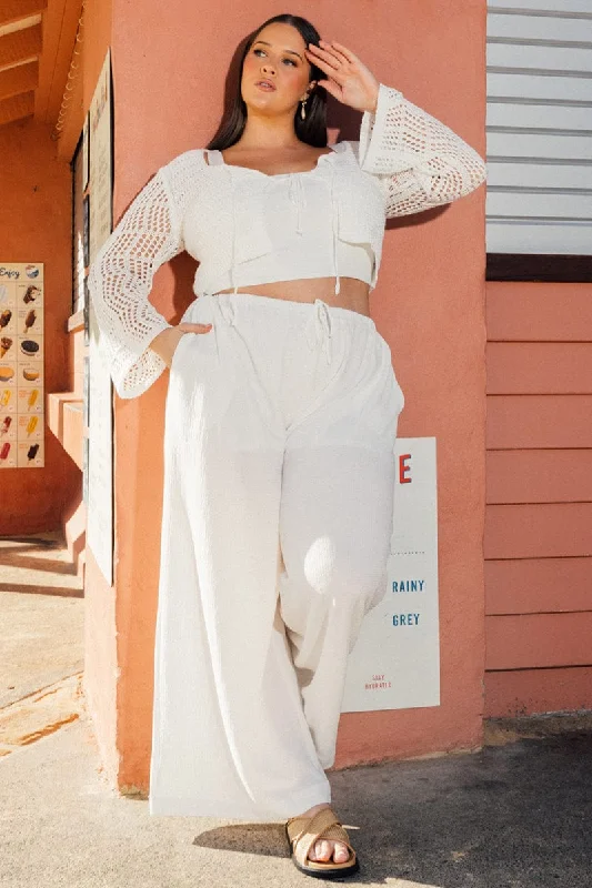 White Wide Leg Pants High Rise Textured Fabric High-Waist Jeans