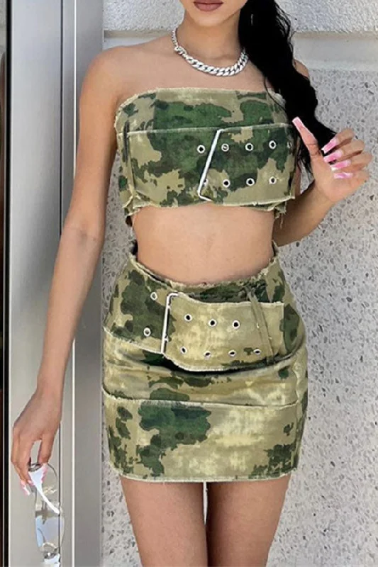 storexq Camouflage Hot Buckled Design Skirt Suit a-line skirt cut