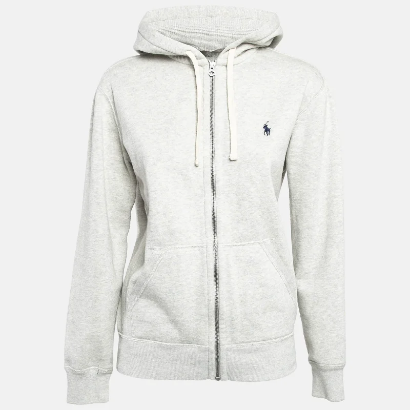 Polo Ralph Lauren Grey Cotton Knit Zip-Up Hoodie Hoodie with Ribbed Hem Stretchable Secure