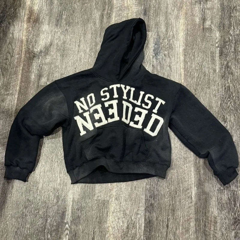 Advbridge Ins Distressed Retro Sports Hoodie for Women High Street Letter Embroidered Sweatshirt High Quality Oversize Couple Streetwear Hoodie with Side Slits Relaxed Casual