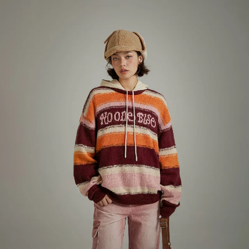 Logo Striped Loose Knit Sweater Boat Neck Shawl Collar Notched Collar