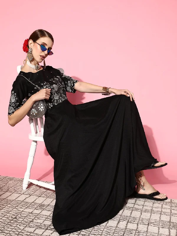 Inddus Women Classic Black Floral Ethereal Embroidery Dress