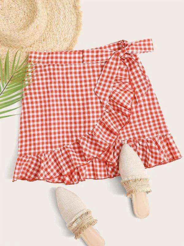 Knot Side Ruffle Hem Gingham Wrap Skirt wool skirt breathable