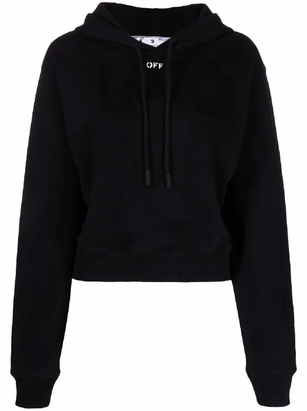 OFF STAMP CROPPED HOODIE BLACK WHITE Hooded Sweatshirt Casual Wear Street Style