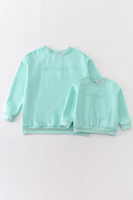 Blue god is good embroidery mom&me fleece sweatshirt Hoodie with Slit Hem Functional Movement Blue god is good embroidery mom&me fleece sweatshirt Hoodie with Slit Hem Functional Movement