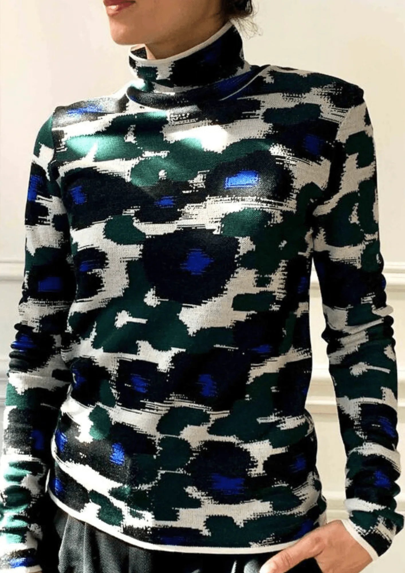 DARK GREEN PEONY TURTLENECK SWEATER Satin Fabric Silk Fabric Chiffon Fabric