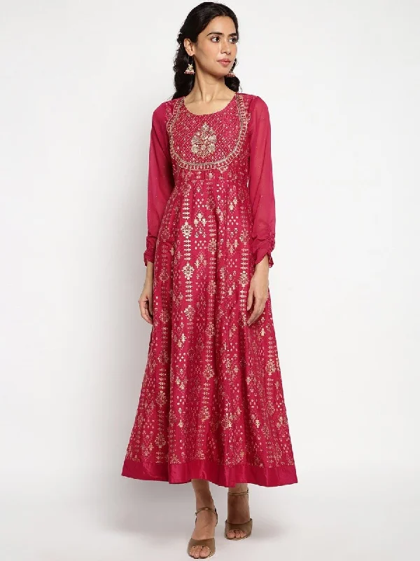 AURELIA Printed Ethnic Motifs Satin Maxi Ethnic Dress