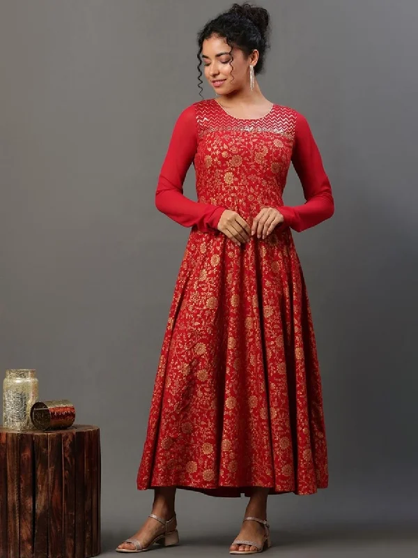 AURELIA Floral Printed Sequinned A-Line Ethnic Dress