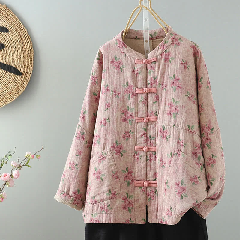 Buddha Stones Casual Frog-button Stand Collar Flower Cotton Linen Women's Jacket Shirts Clothing Stand-Up Collar Roll-Neck Collar Turtle Neck