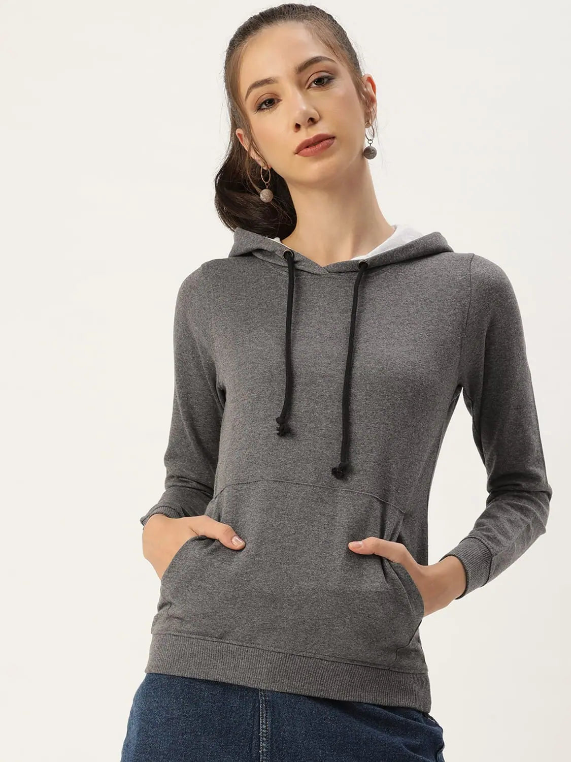 Women Solid Grey melange Full Sleeve Jacket Bomber Jacket Anorak Windbreaker